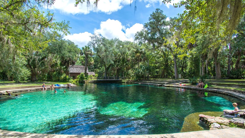 A family enjoying a cool dip in a natural fresh water springs swimming hole at Juniper Springs in Ocala national forest in central Florida, north of Orlando.