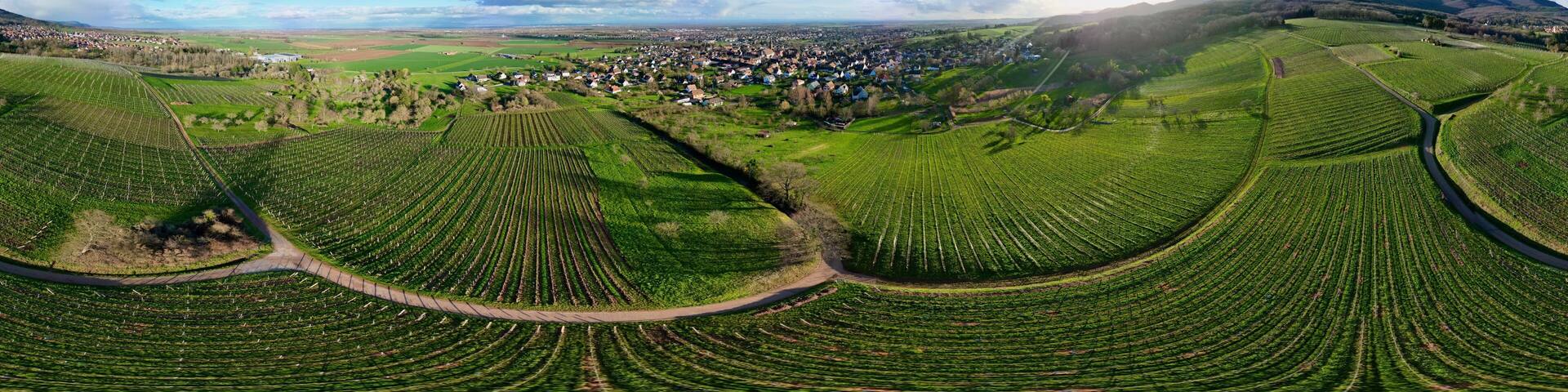 360 panorama aerial drone view above the Uffholtz and Wattwiller villages green vineyard hills in a Alsatian valley by sunny day with blue sky, dark stormy clouds in the distance, with paths