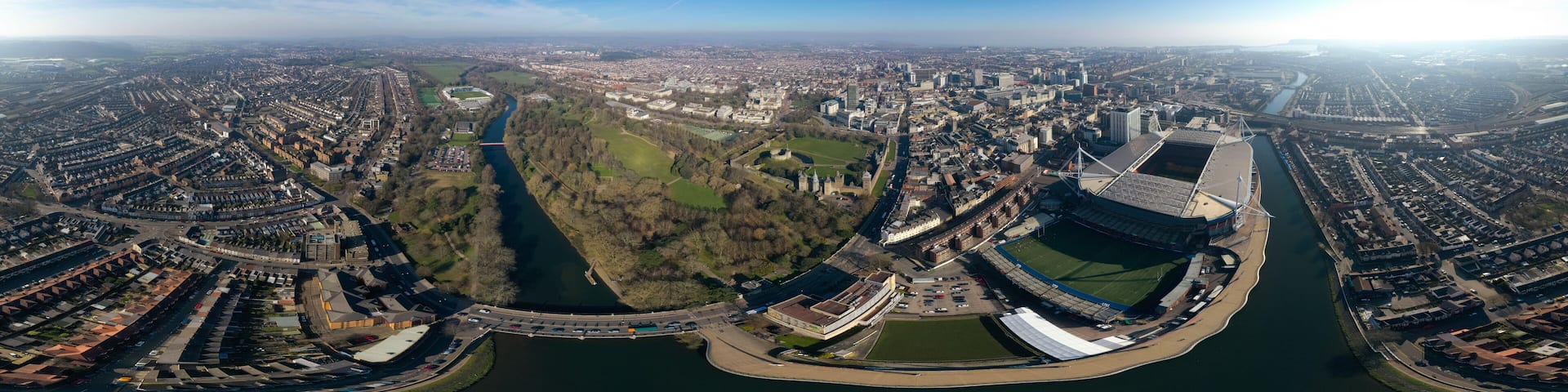 Cardiff aerial view panorama in Wales capital cityscape 360 panoramic skyline feat. River Taff, Principality Stadium, Cardiff Castle, famous landmarks and city center downtown streets from above in UK