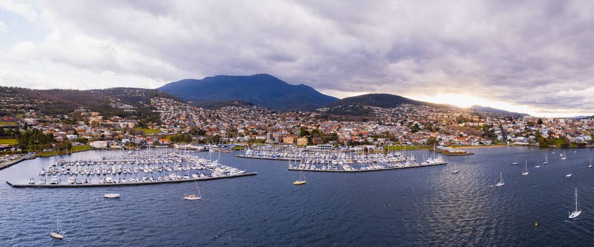 Panoramic aerial picture of Yachts docked at Sandy Bay Yacht Club in front of Wrest Point