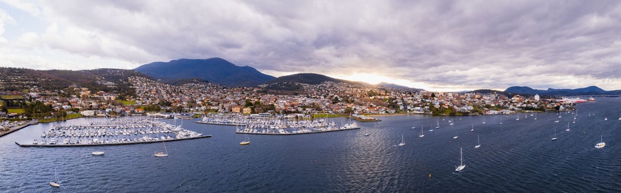 Panoramic aerial picture of Yachts docked at Sandy Bay Yacht Club in front of Wrest Point