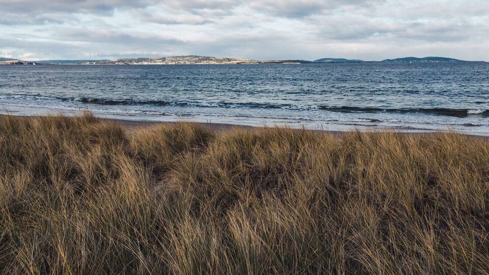 A beach with tall grass in the foreground and a view of the sea and distant hills under a cloudy sky.