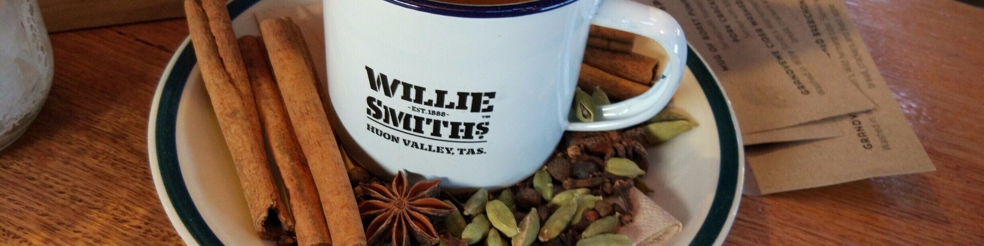 Try as you might to resist, on a winter's day it is hard to go past a warming spiced cider containing all this stuff and more. Personally I enjoyed discovering the plump warmed sultanas and raisins at the bottom of the mug. Who said it needed to be dignified getting/slurping them out?
This stop near Grove in the Huon Valley is full of history about apple growing for which Tasmania is famous - hint .. 'The Apple Isle' - a great restaurant, a museum, and now a distillery  visible through a glass wall. 
It's a great out-of-town location  with more to explore in the region.