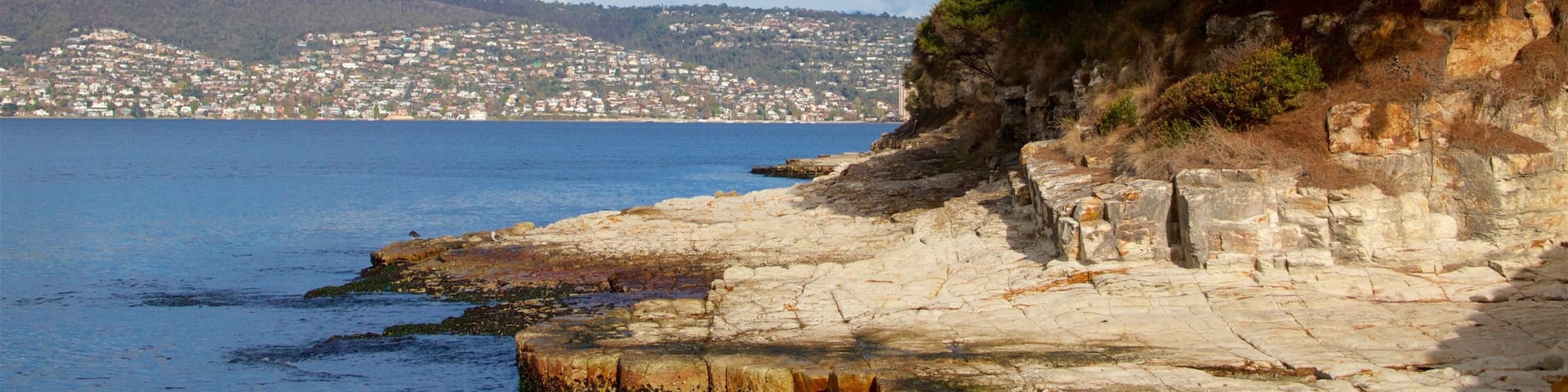 A coastal landscape with a rocky shoreline, a clear blue sea, and a distant cityscape.