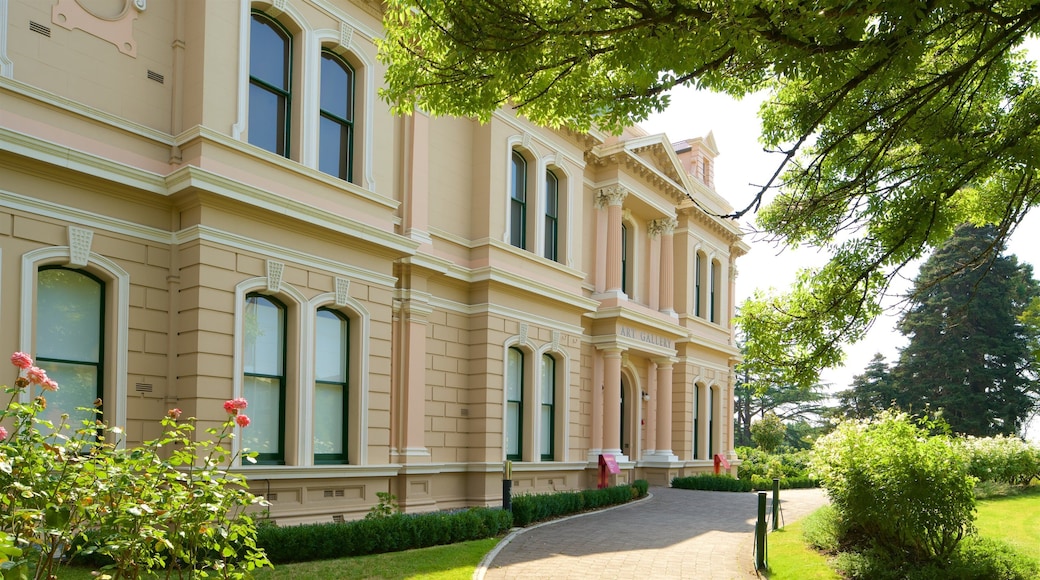 Queen Victoria Art Gallery showing a park, heritage elements and wild flowers