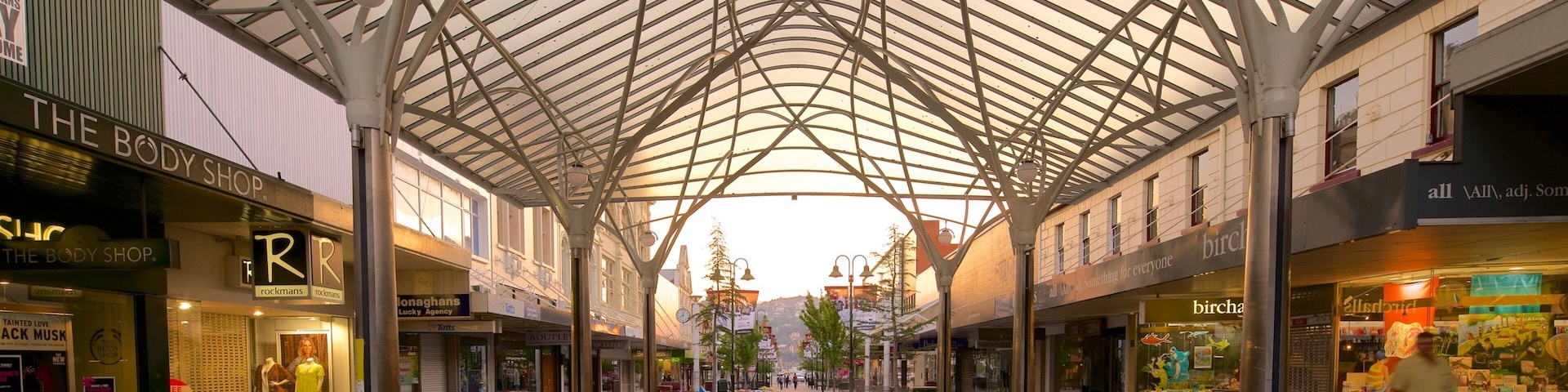 Brisbane Street Mall que inclui um pôr do sol e compras