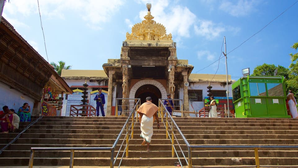 A temple entrance with a golden spire, steps leading up to it, and a green structure to the right.