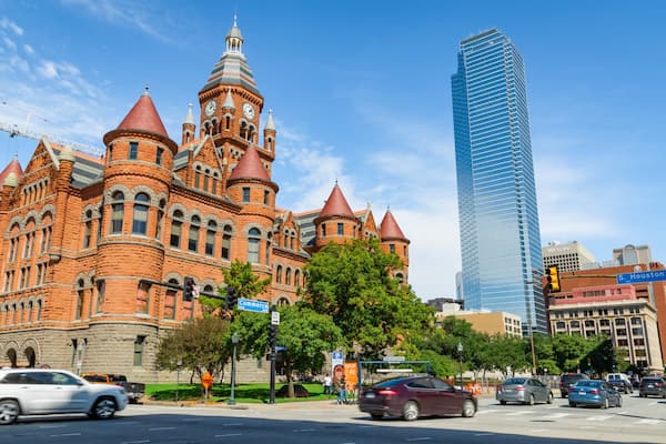 Dallas which includes a skyscraper and heritage architecture