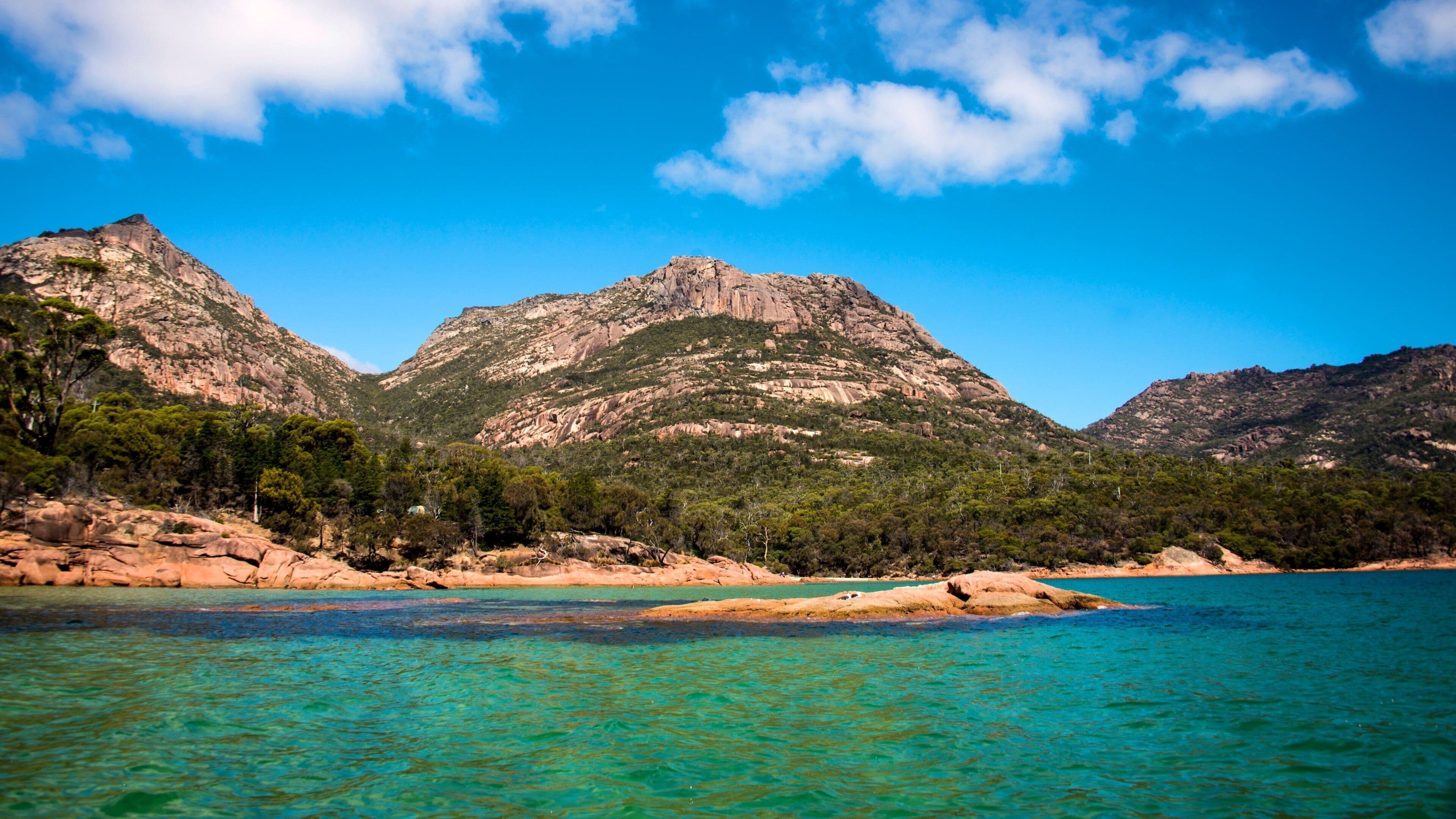 A coastal landscape with clear turquoise waters, rocky cliffs, and dense green forests.