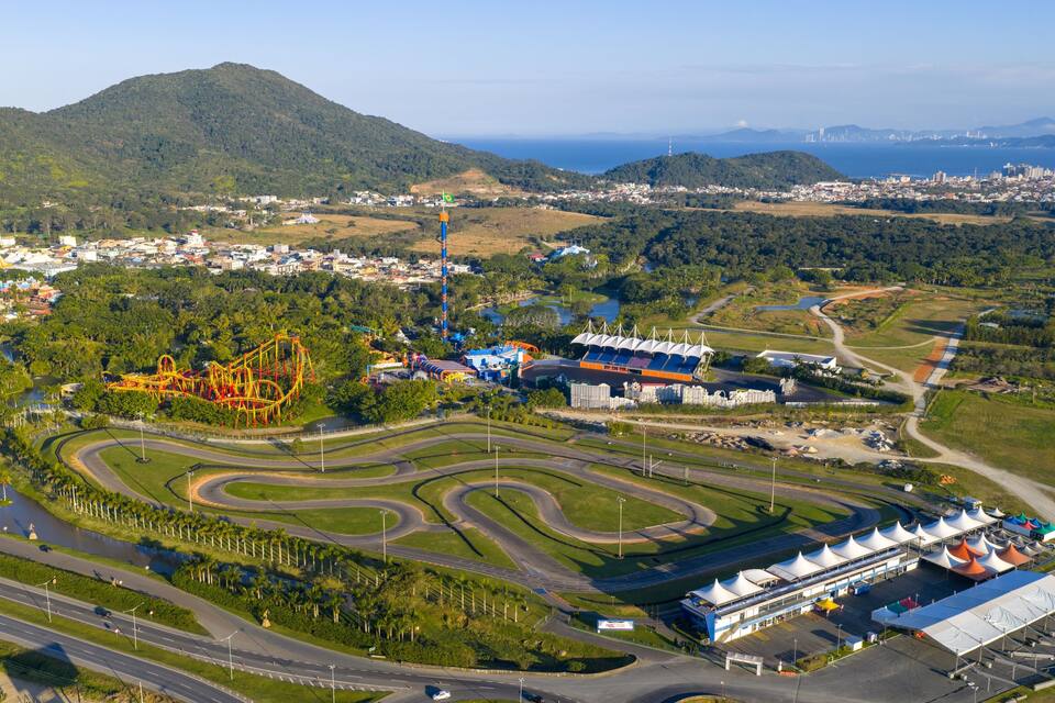 Vista aérea de un parque temático con montañas rusas, un estadio y zonas verdes circundantes.