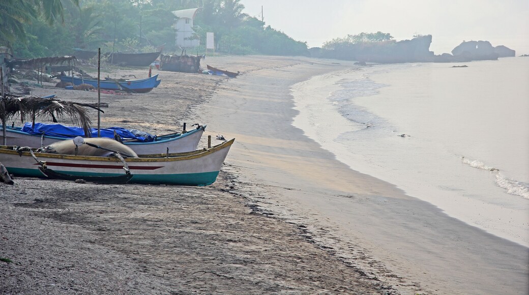 Morning scene of fishing boats resting on the beach at Siridao fishing village in Goa, India