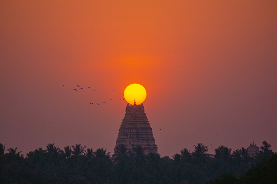 Sunset under ancient temple
