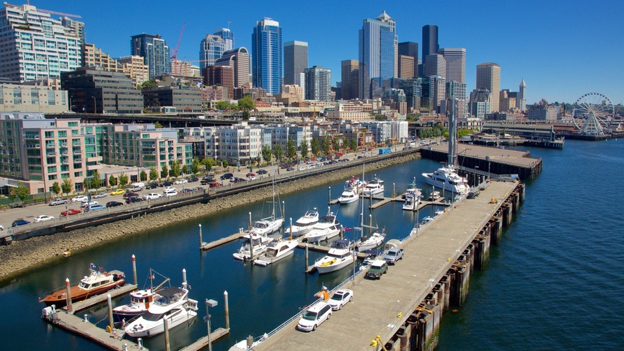 Seattle Waterfront which includes cbd, boating and a marina