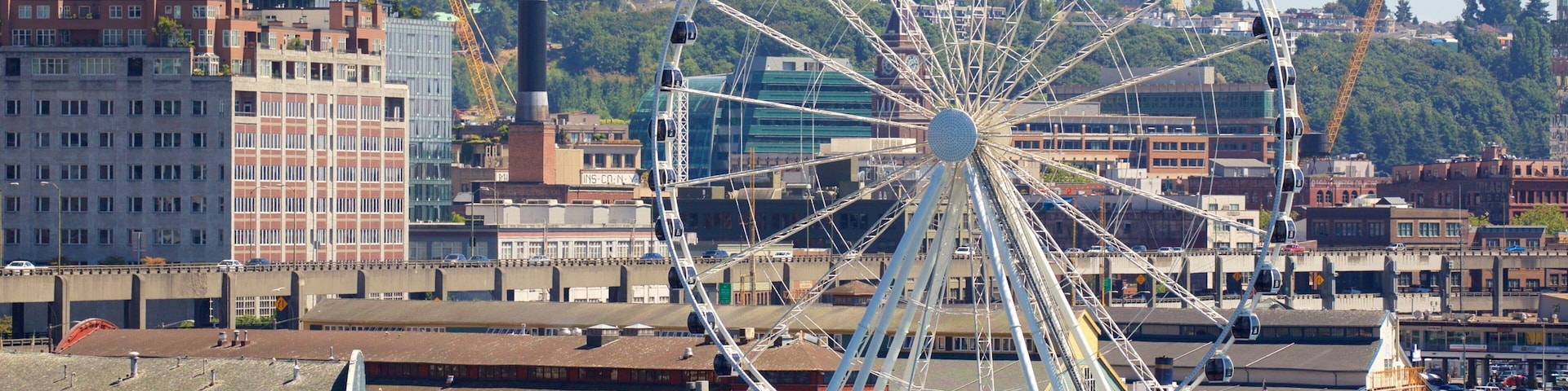 Seattle Waterfront ofreciendo una bahía o un puerto, paseos y una ciudad