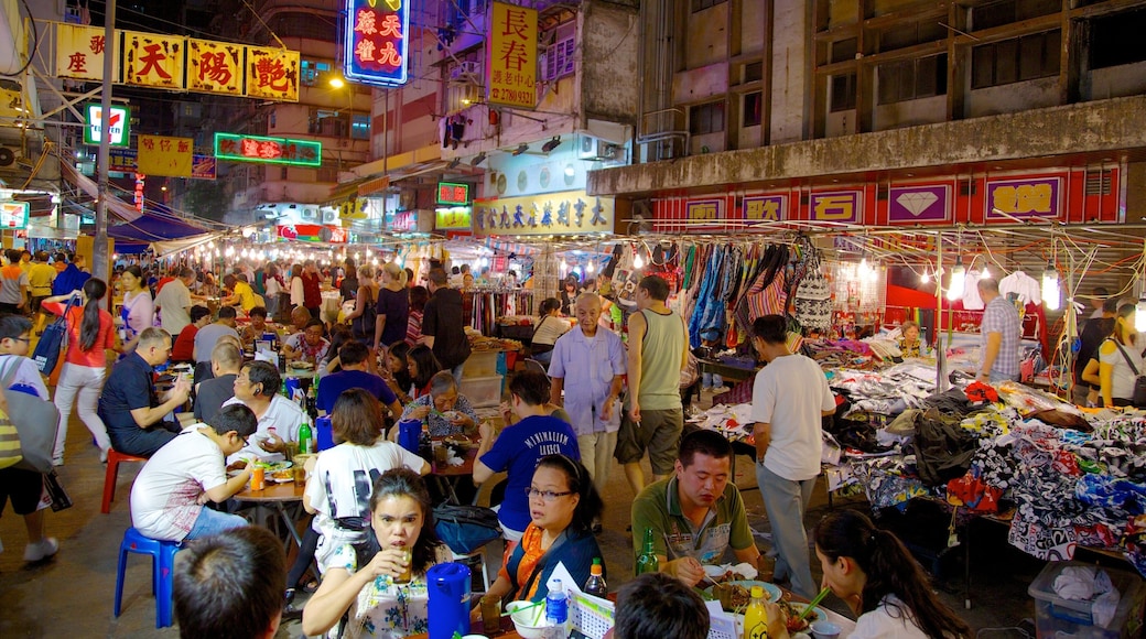 Temple Street Night Market showing street scenes, markets and outdoor eating