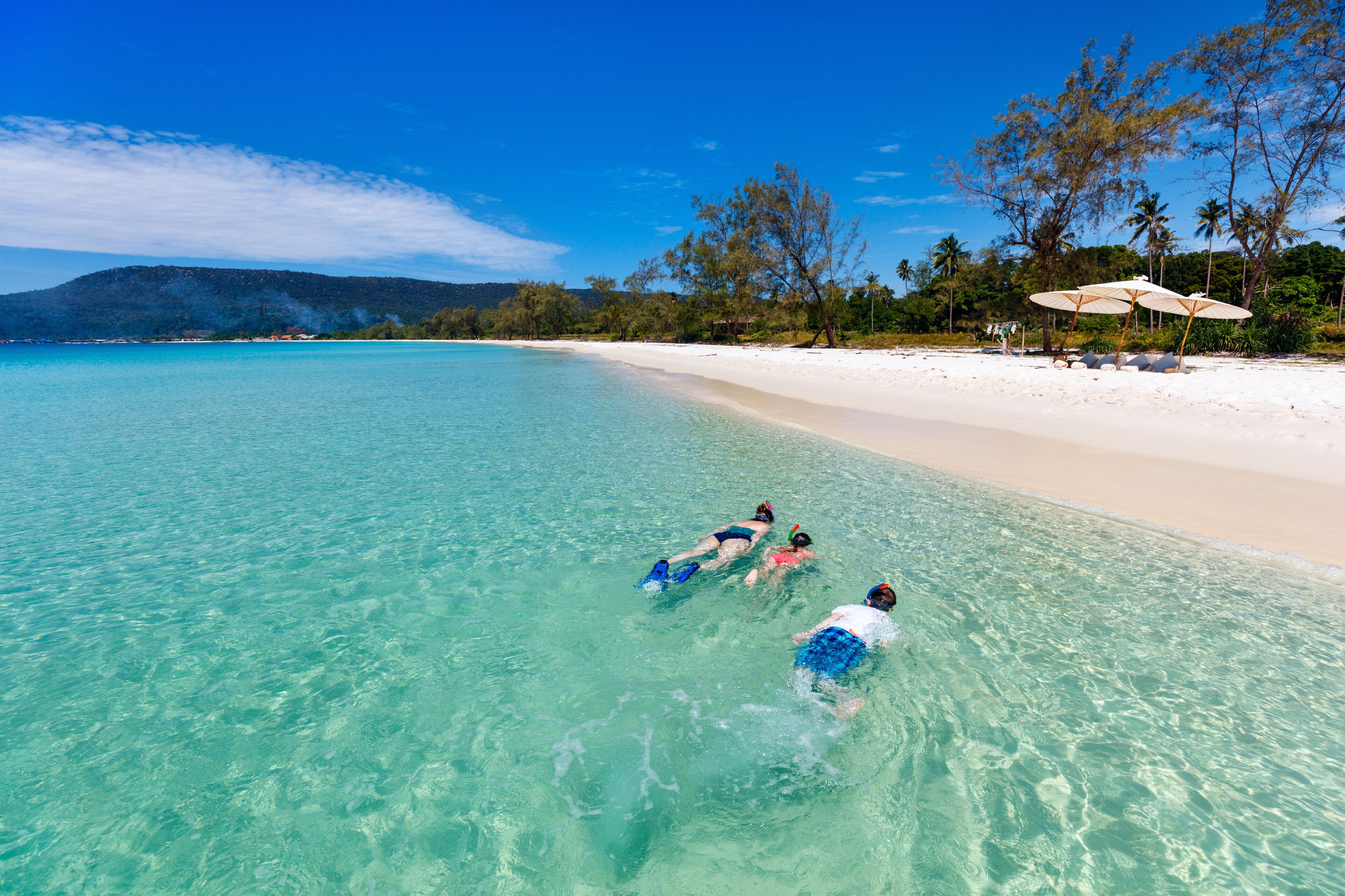 A beach with clear turquoise water, a sandy shore, and palm trees.