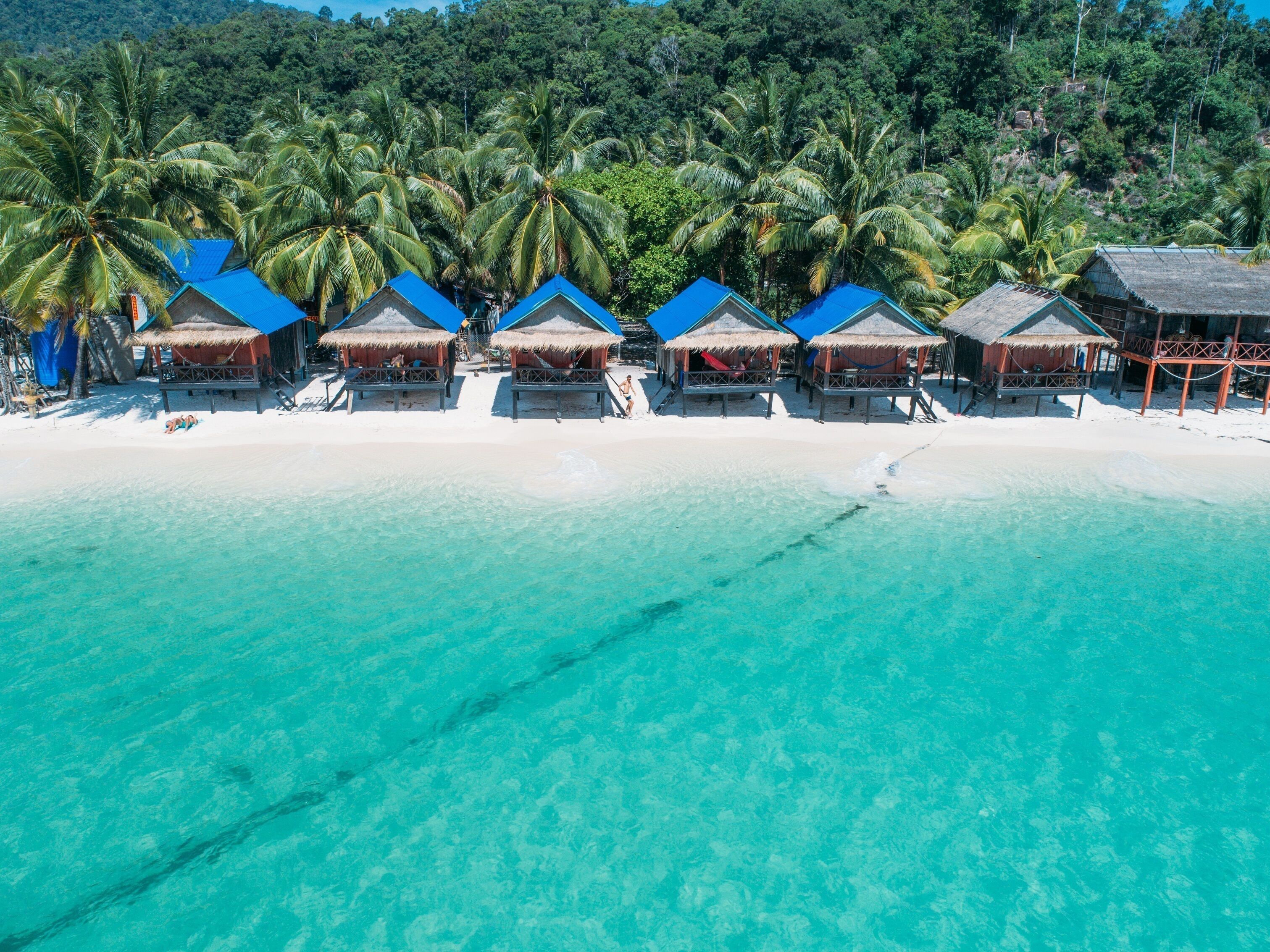 A beach with overwater bungalows and palm trees.
