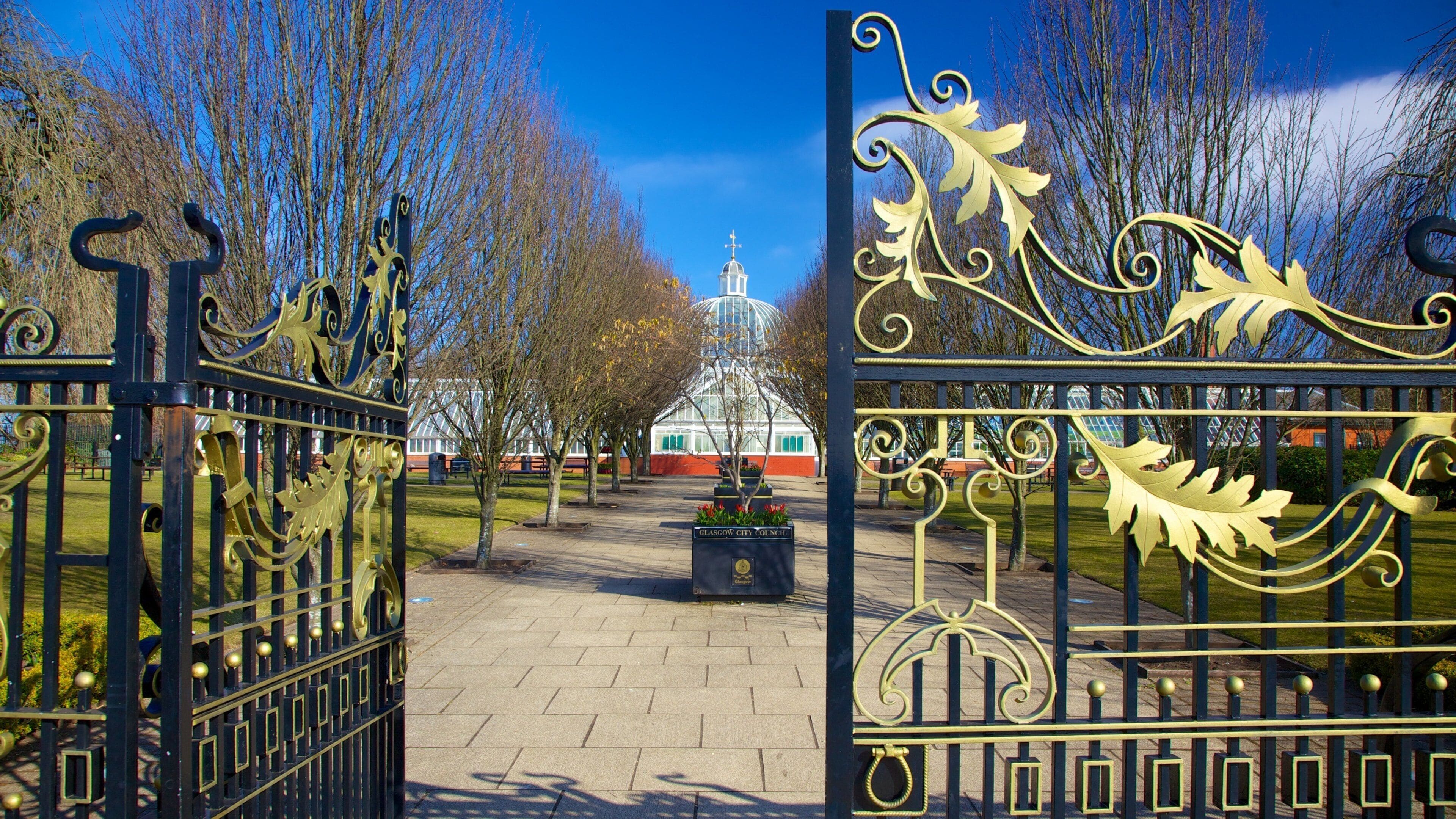 A wrought iron gate with leaf designs, a pathway leading to a building with a dome, and a clear blue sky.