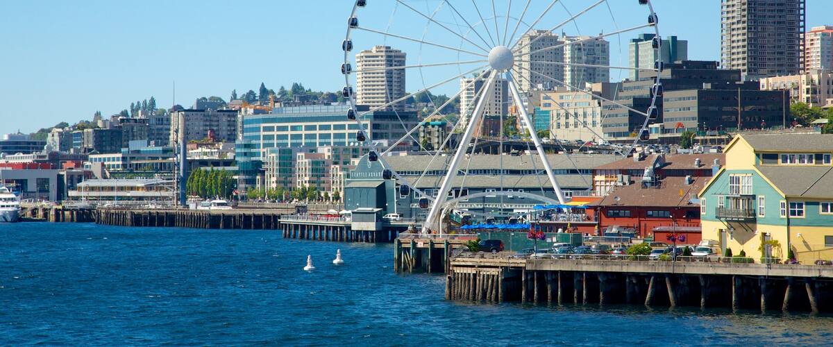 Seattle Great Wheel featuring a coastal town, a bay or harbour and cbd