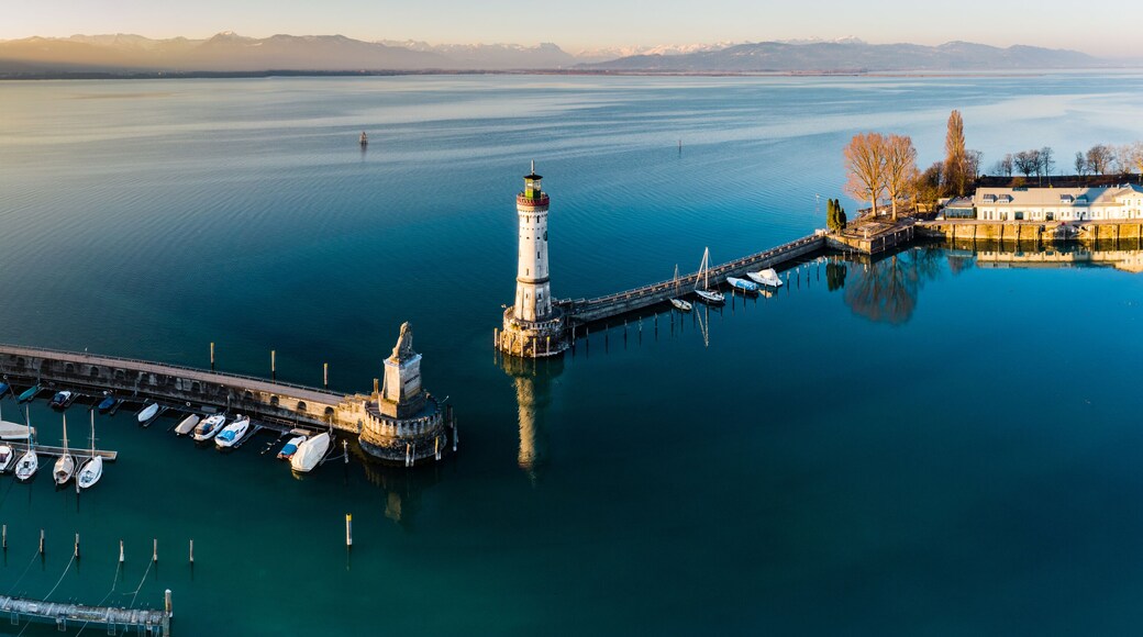 Aerial Panoramic view of Lindau Harbour and the Austrian Alps, Lake Constance