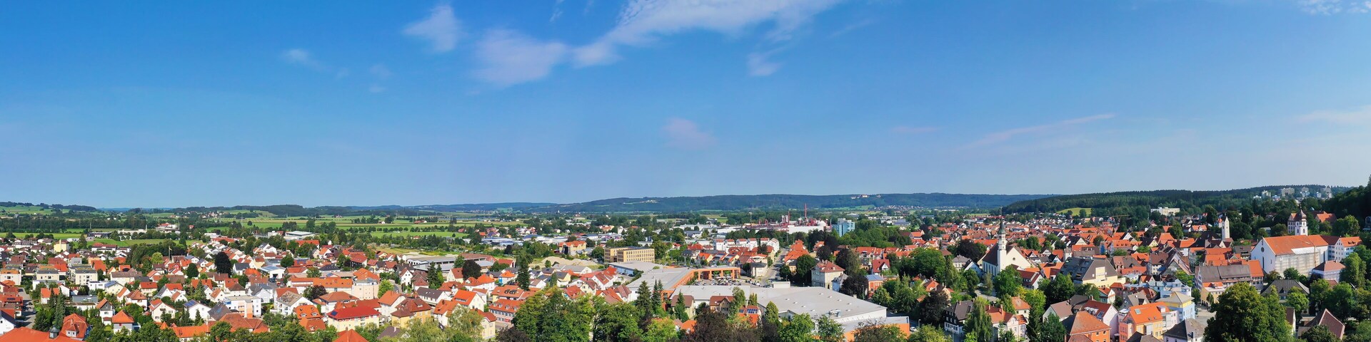 A town with red-roofed buildings, green hills, and a clear blue sky.