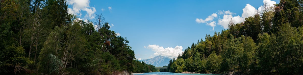panorama view of the picturesque Rhine River near its source in the Swiss Alps
