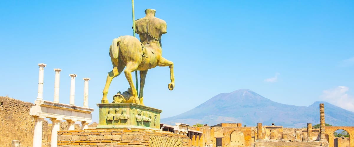 Panoramic view of ancient Pompeii city and Vesuvius volcano, Italy