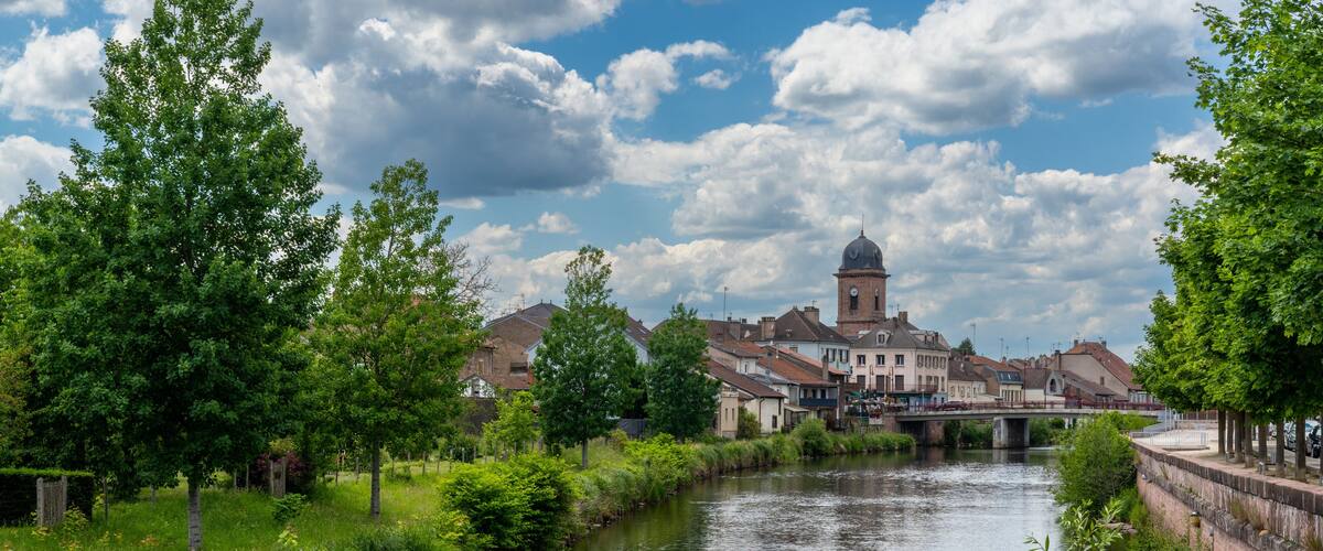 A river with a bridge, a tower, and surrounding greenery.