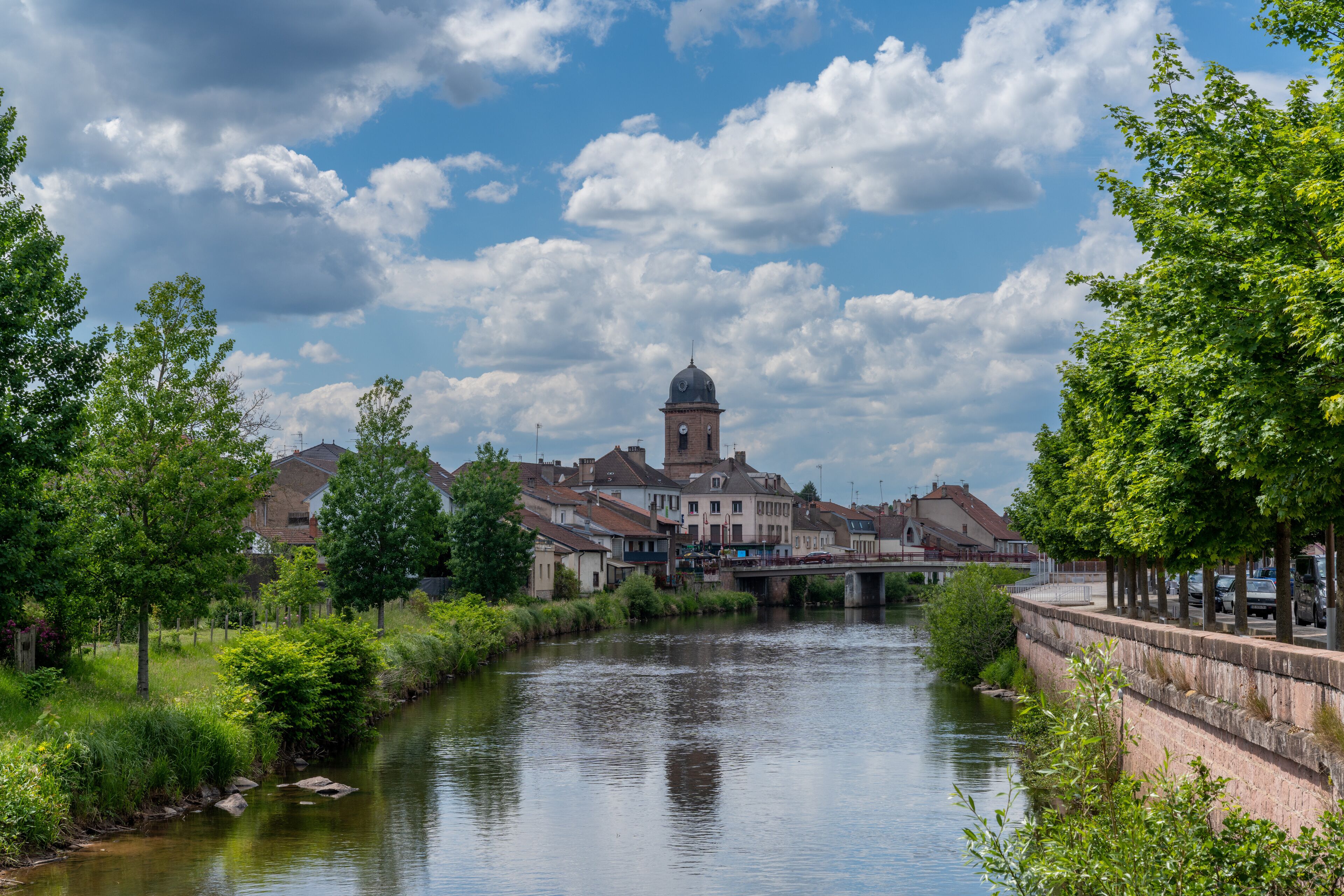 view of the picturesque small town of Raon-L'Etape in the Vosges mountains of France