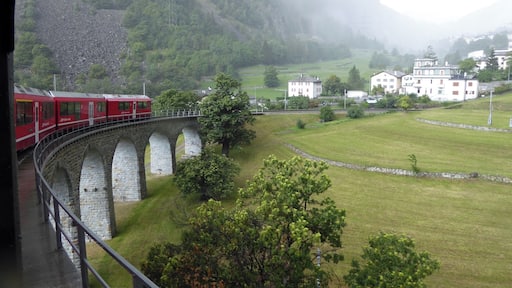 Bernina Express heading down the Brusio Circular Viaduct in Southern Switzerland.