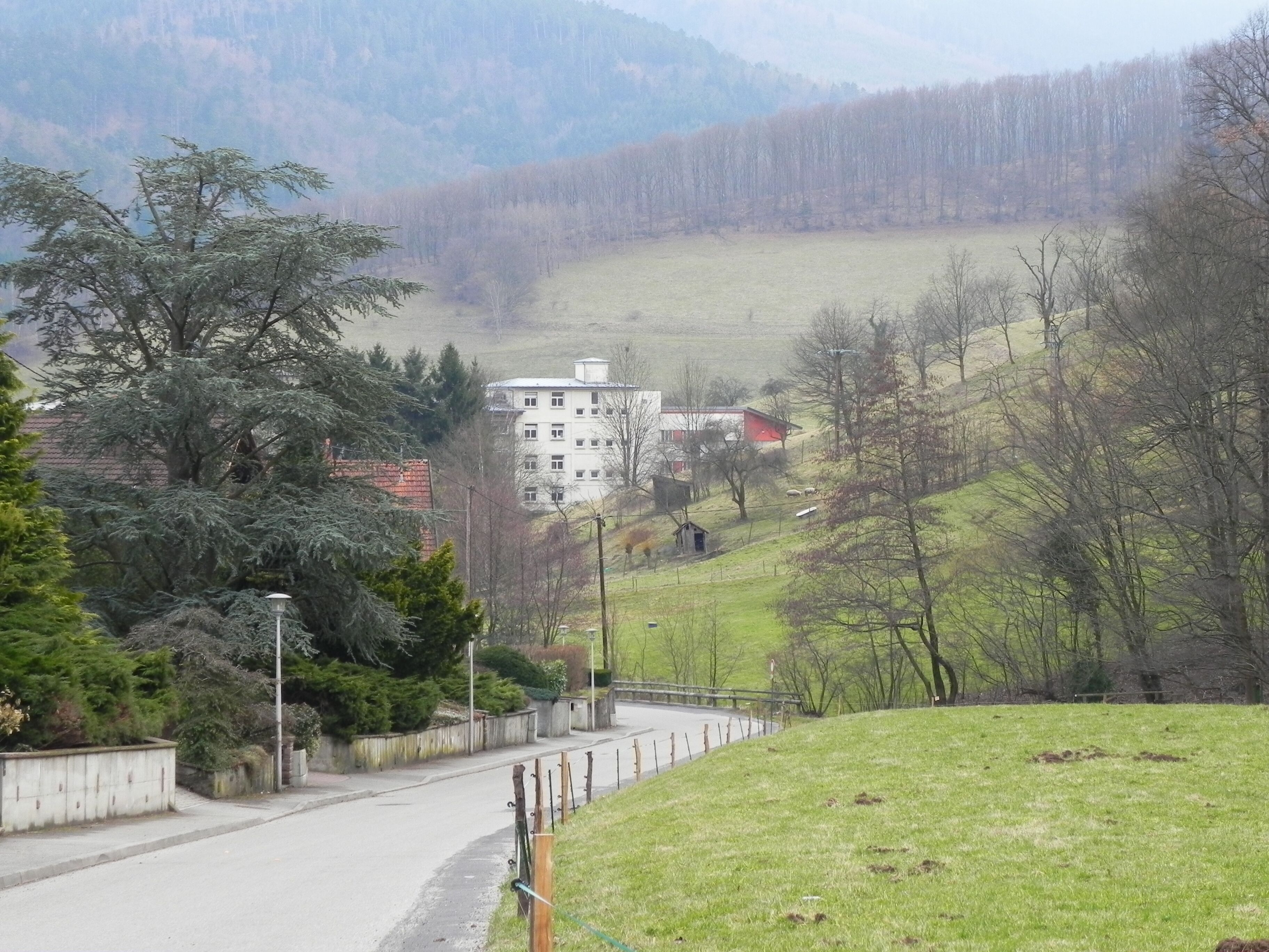 A rural landscape with a road, a white building, and a red-roofed structure in the distance.