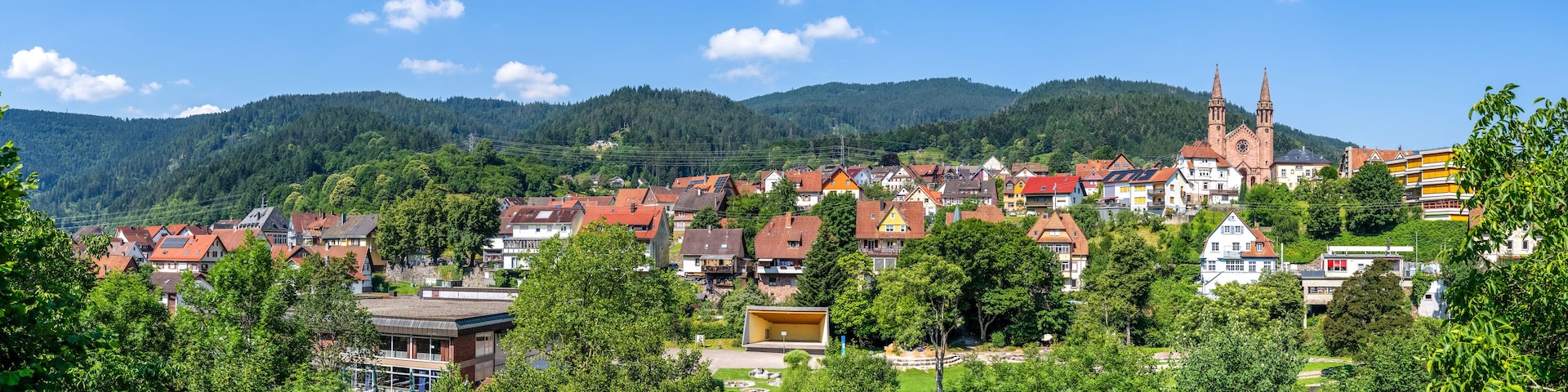 A town with red-roofed houses, a church with two towers, and a forested mountain in the background.