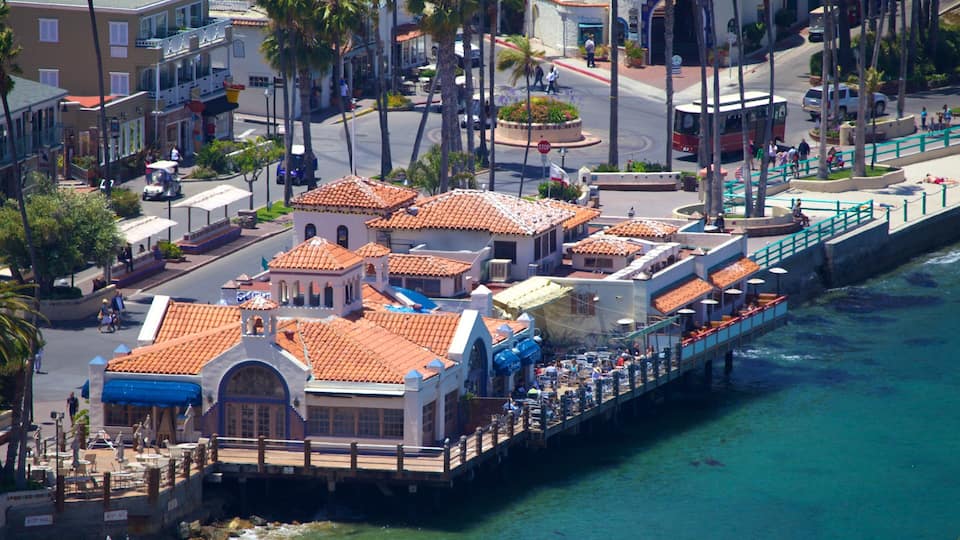 A coastal town with a pier, buildings with red-tiled roofs, and palm trees.