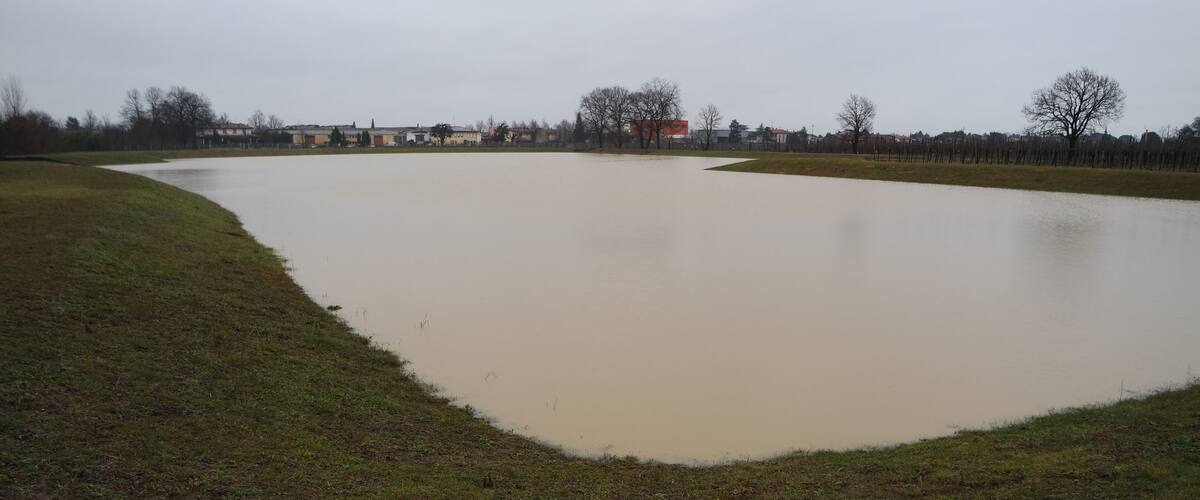 A large, open water body surrounded by grassy areas and buildings in the background.