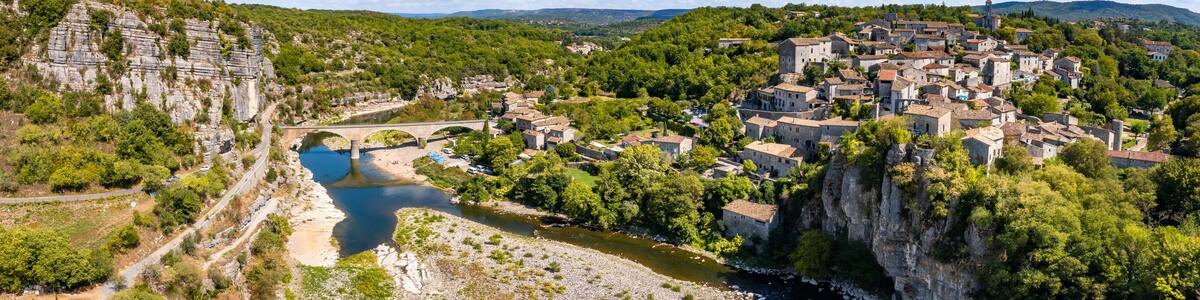Aerial view of Balazuc, one of the most beautiful village in Ardeche, South of France