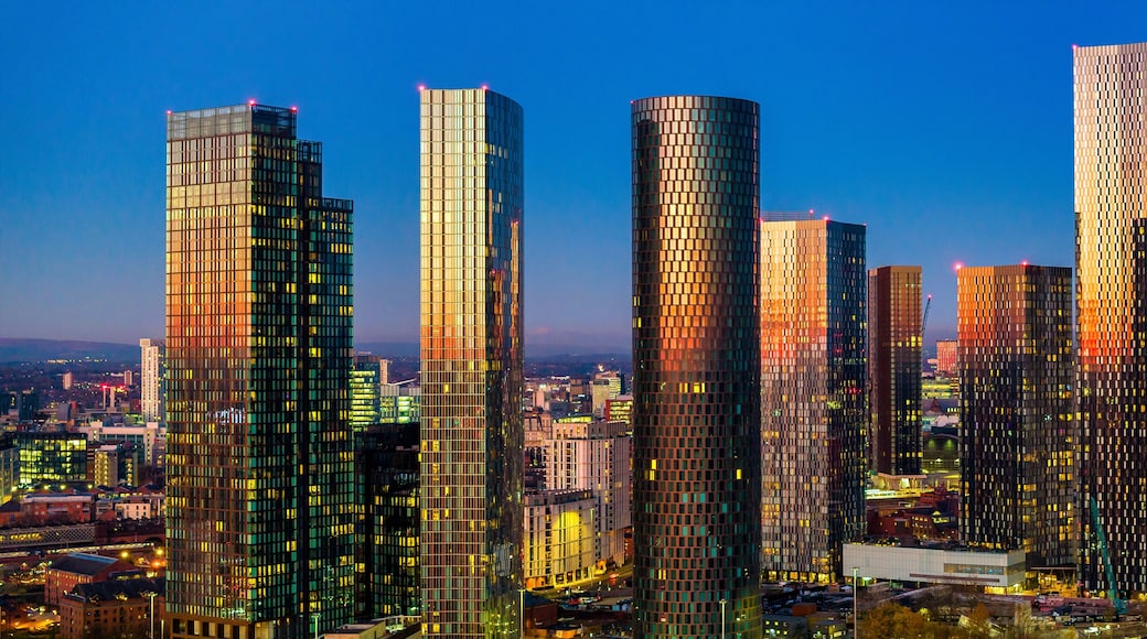 Panoramic image Manchester city skyline touched by the golden color of the Sunset