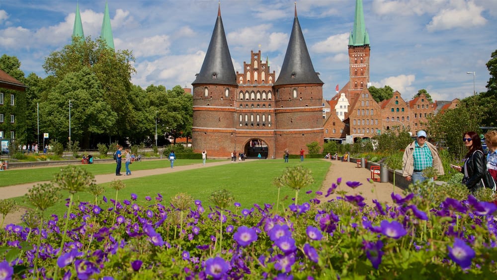 Museum Holstentor mit einem historische Architektur und Wildblumen sowie kleine Menschengruppe