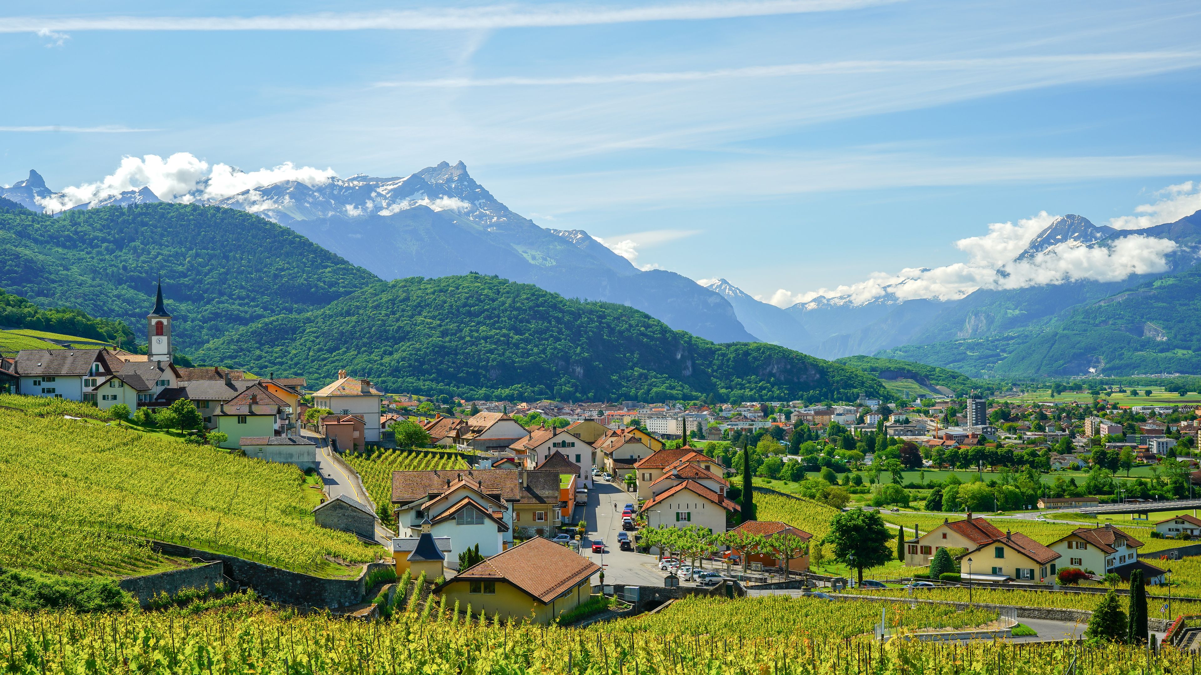 A village with a church, vineyards, and snow-capped mountains in the background.