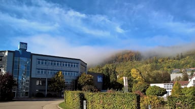 Blick auf die Konzernzentrale der Leitz GmbH & Co. KG. Links im Bild das Produktionsgebäude. Rechts hinter den Hecken und Bäumen das Verwaltungsgebäude der Gesellschaft. Oberkochen, Oktober 2015.