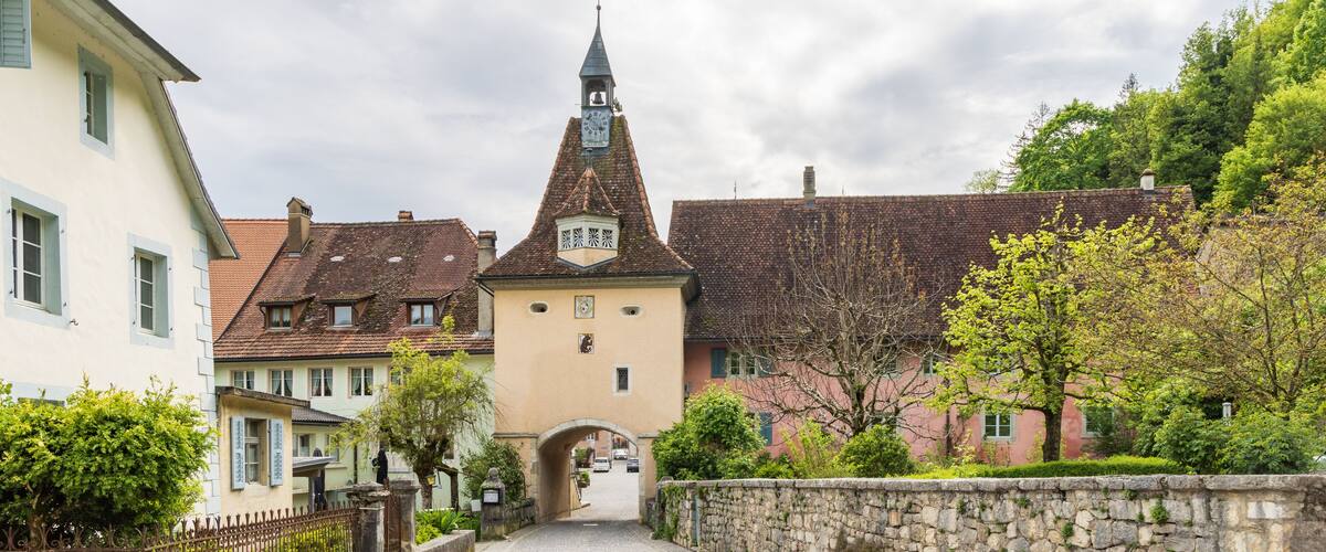 A quaint village with a prominent church tower, cobblestone streets, and lush greenery.