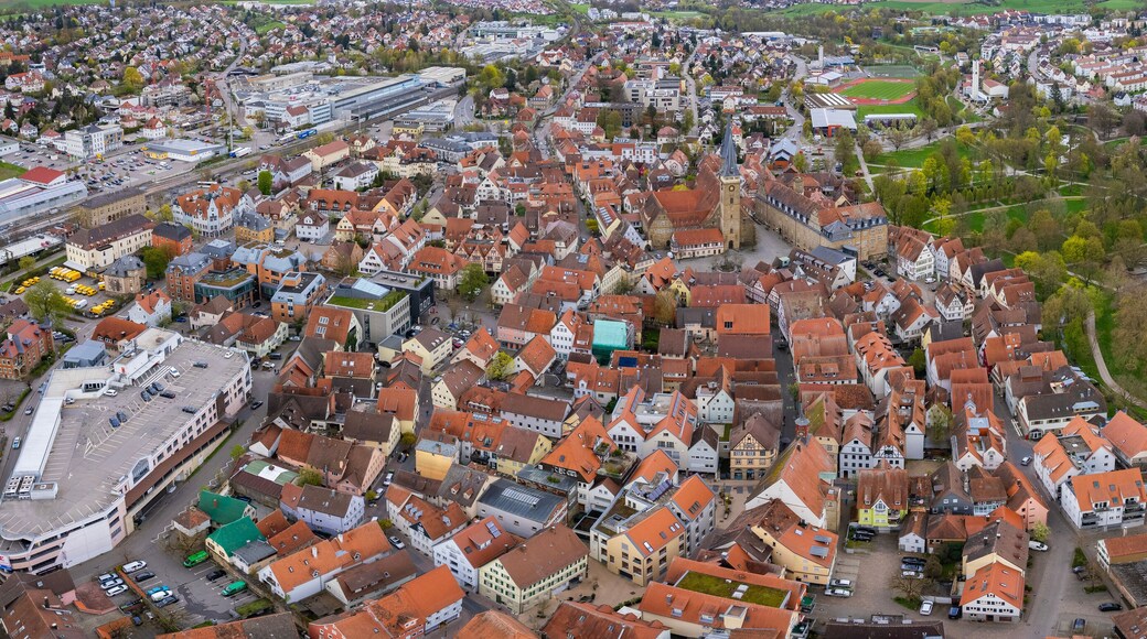 Aerial view around the old town of Öhringen in south Germany on a sunny spring day