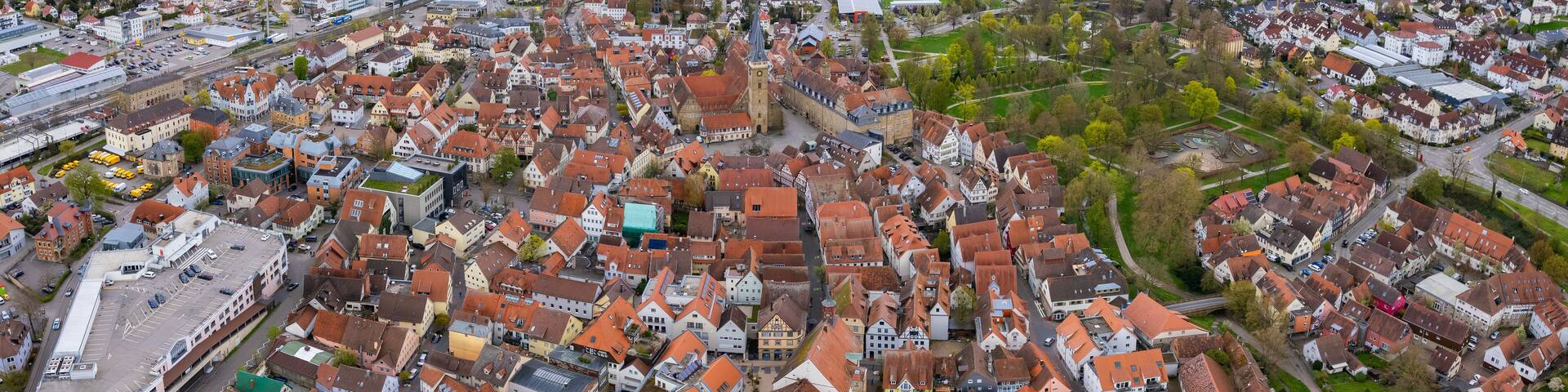 Aerial view around the old town of Öhringen in south Germany on a sunny spring day