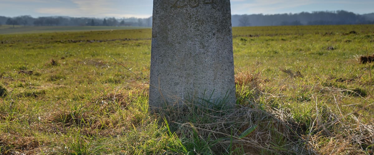 A tall stone monument with the inscription "2011" in a grassy field with a distant tree line under a cloudy sky.