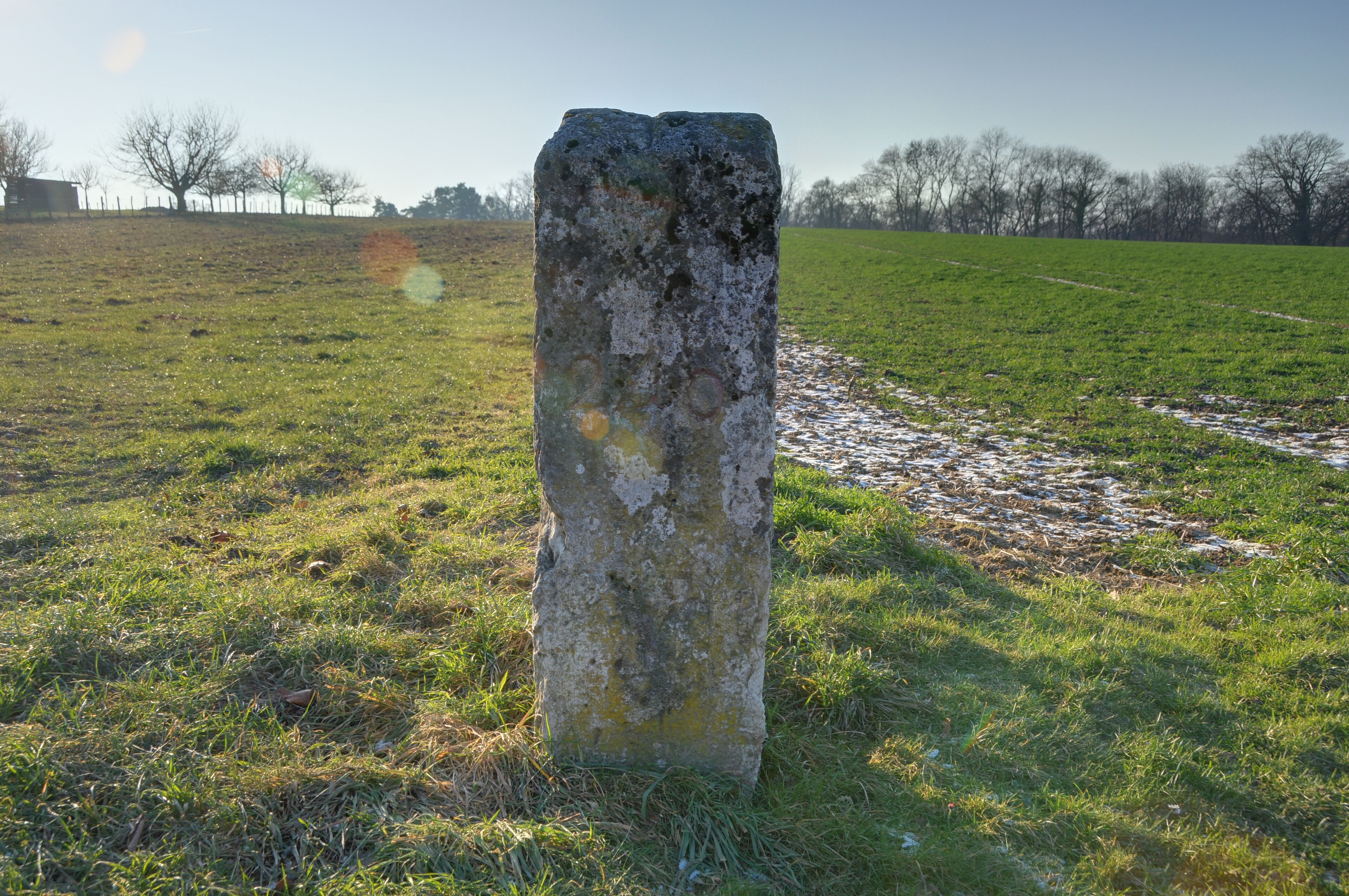 This file was uploaded with Commonist. This photograph was taken with a Nikon D300. Détail d'une des bornes frontière franco-suisse (HDR). La borne frontière n°240 sur un des côté, indiquant le numéro.