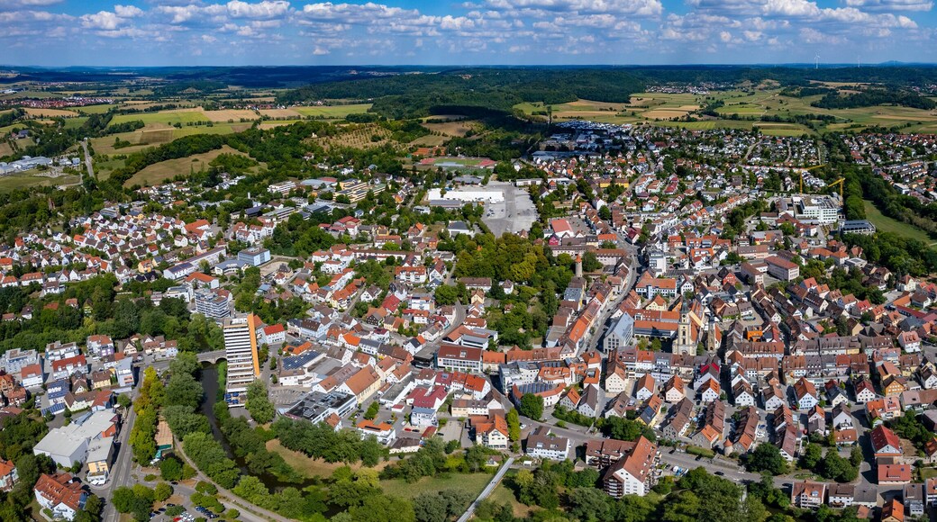 Aerial view around the city Crailsheim in Germany on a sunny day in spring.