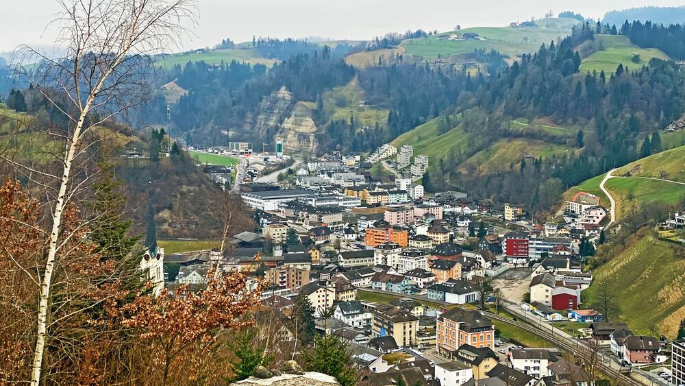 View of the village of Wolhusen from a lookout point on the ruins of a burg above the valley - Switzerland (Schweiz)