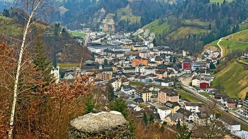 View of the village of Wolhusen from a lookout point on the ruins of a burg above the valley - Switzerland (Schweiz)