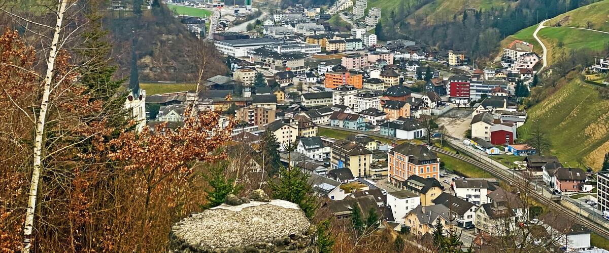 A town nestled in a valley with a river running through it, surrounded by hills and trees.