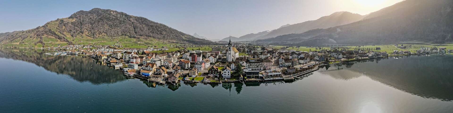 Panoramas of the village of the village of Arth on the lakeshores of lake Zug in the canton of Schwytz, Switzerland.