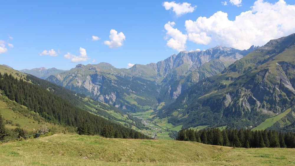 NO EDITING: a clear view down to a small town called Elm. There are beautiful landscapes which invite to go out for a hike...